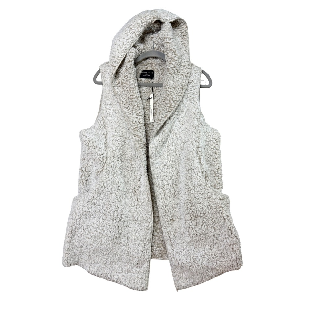 Love Tree Faux Fur Vest Womens Medium Tan New Hooded Sherpa Open Front Jacket